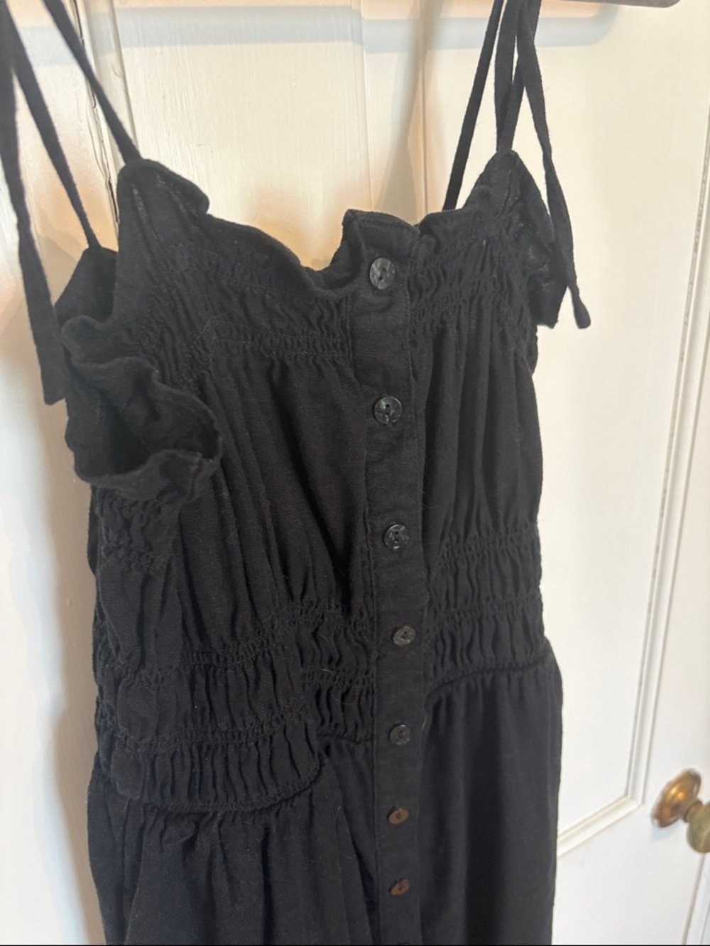 Black Button-Front Tie-Strap Linen Midi Dress